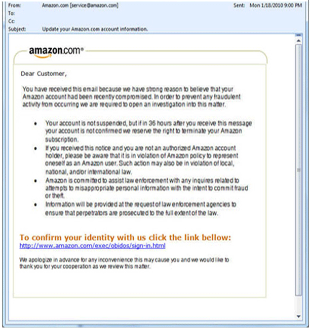 Example of Amazon sending phishing mail