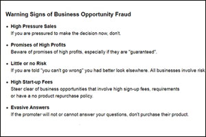 Warning sign of business opportunity fraud