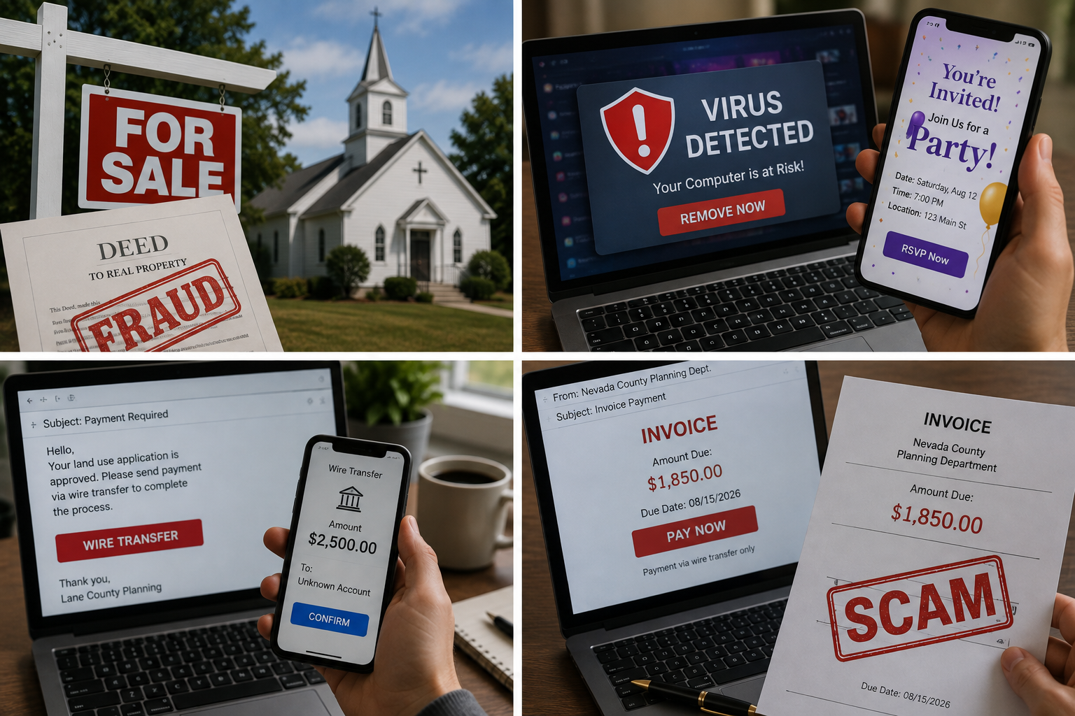 Church property fraud, malicious party invitation and fake government invoice scams
