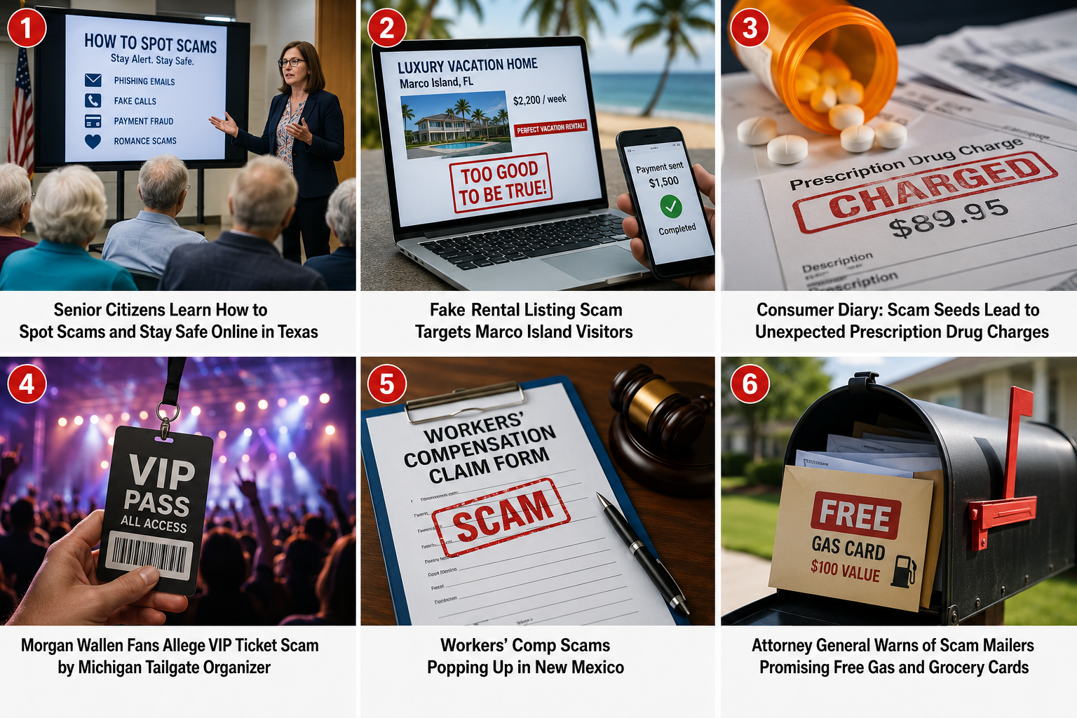 Weekly scam news showing senior, rental, ticket and mail fraud alerts