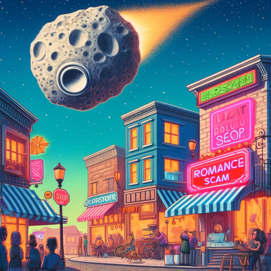 romance scammers and the asteroid. It captures a whimsical and colorful illustration of a town that's the epicenter for romance scam operations, with an asteroid approaching. Feel free to take a look at the visual representation!