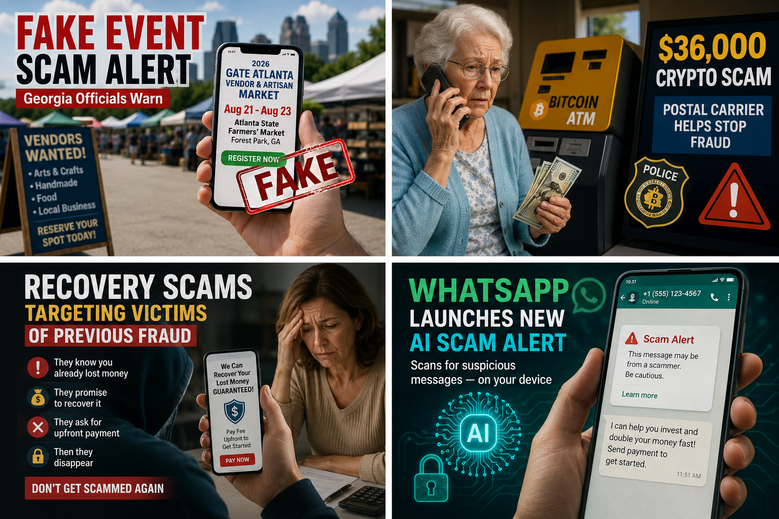 Daily scam news covering fake event fraud, cryptocurrency scams, recovery scams and WhatsApp AI scam alerts