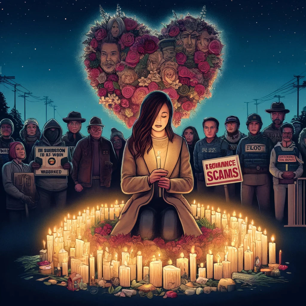 the emotional and symbolic representation of the fight against romance scams, featuring a memorial tribute to Ms. Laura Kowal. The scene captures a candlelit vigil with a focus on collaboration and a strong commitment to justice. Feel free to view the image that embodies this poignant moment.