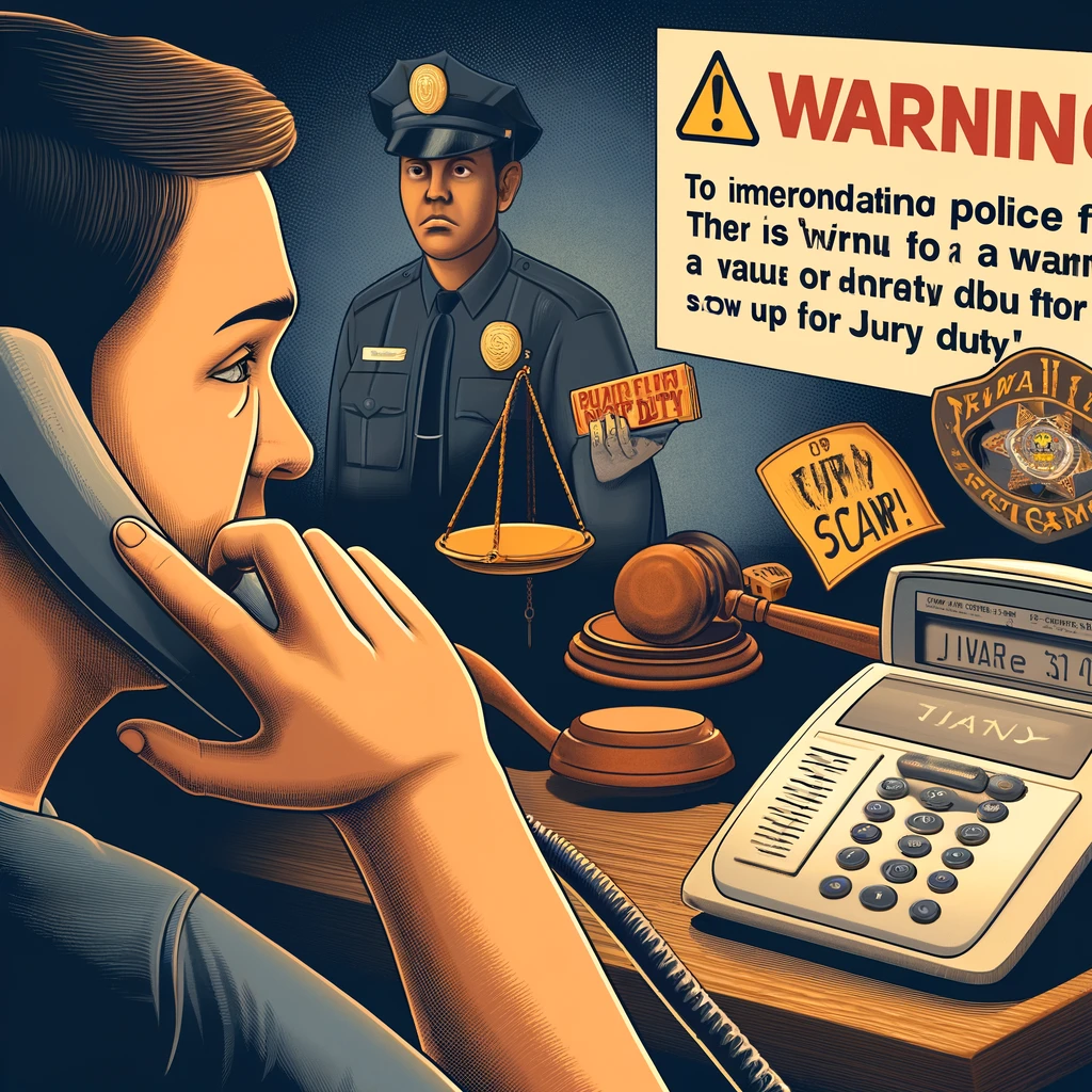 a person receiving a phone call from the 'Hawaii State Judiciary,' with a gavel, scales, and a warning sign in the background. The image emphasizes the importance of being cautious with unsolicited emails or calls claiming to be from the Judiciary.