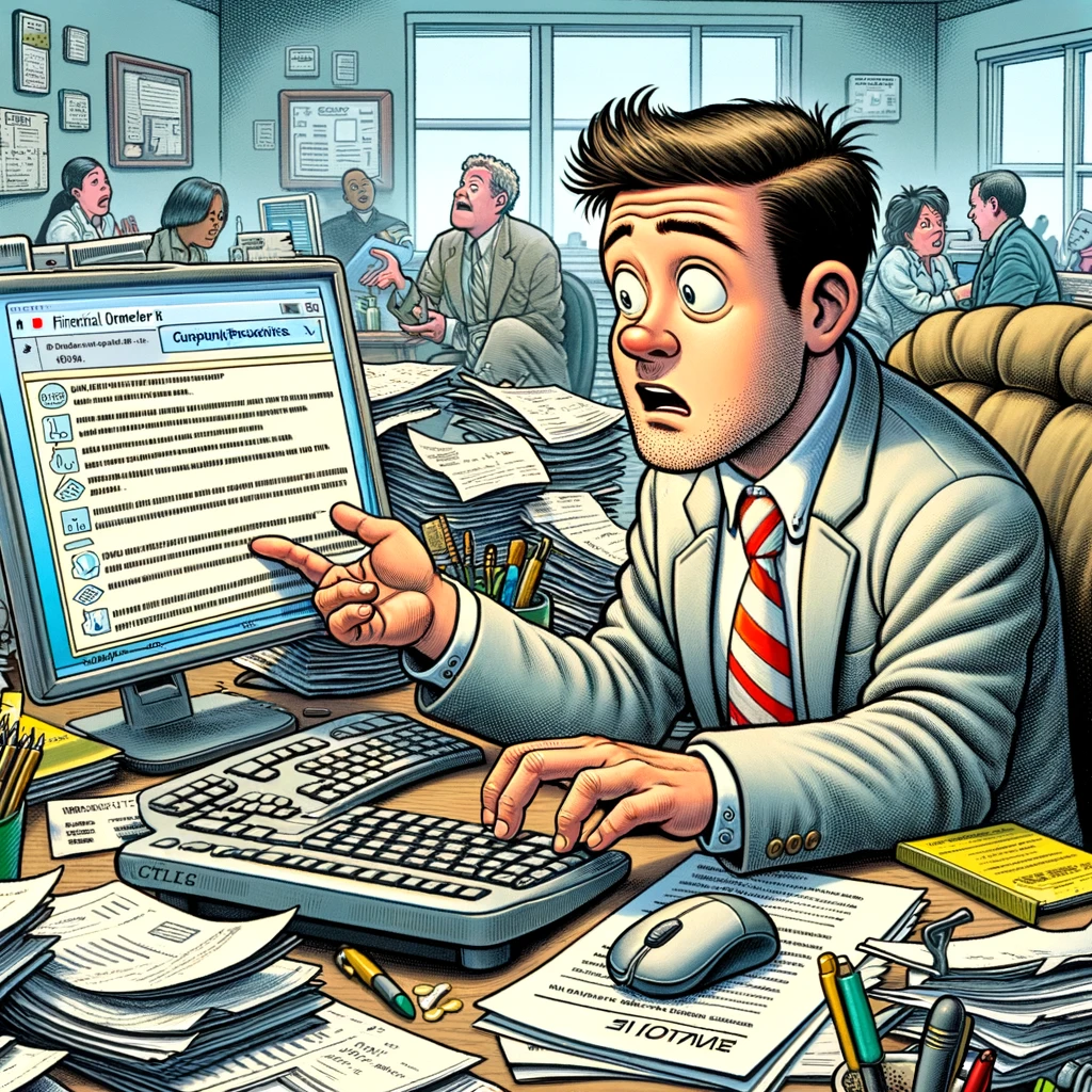 The first image depicts a financial controller from Just for Laughs, sitting at a cluttered office desk, examining an email on a computer screen. The office setting is dynamic and filled with other employees, capturing the initial moment of confusion and concern as the controller reads the fraudulent instructions.
