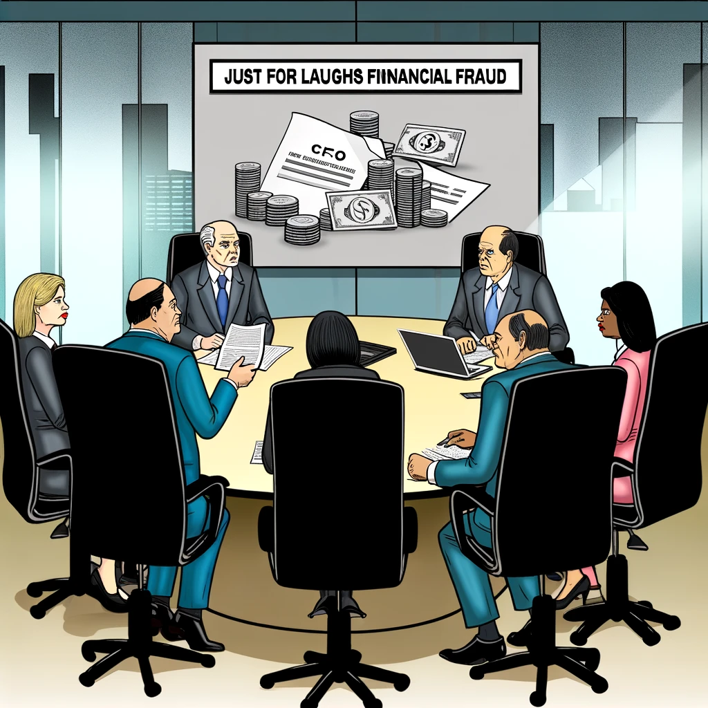 The second image shows a serious meeting in a corporate boardroom with Just for Laughs executives, including the CFO, discussing the discovery of the financial fraud. The executives are seated around a conference table, looking at documents and a laptop displaying bank statements, with a modern cityscape visible through the window, emphasizing the gravity of the situation.