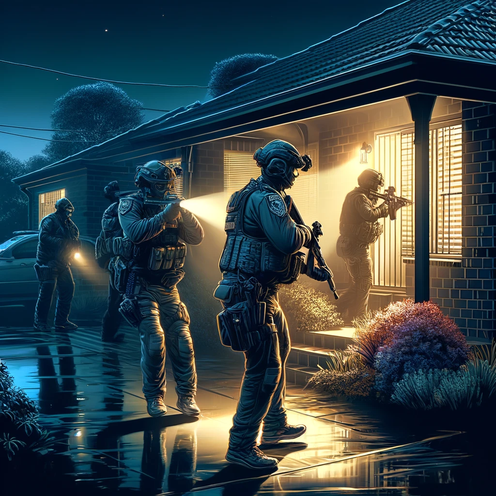 ustralian Federal Police officers conducting a night raid on a house in Australia, capturing a tense and urgent scene as they work to apprehend suspects involved in the phishing scam.