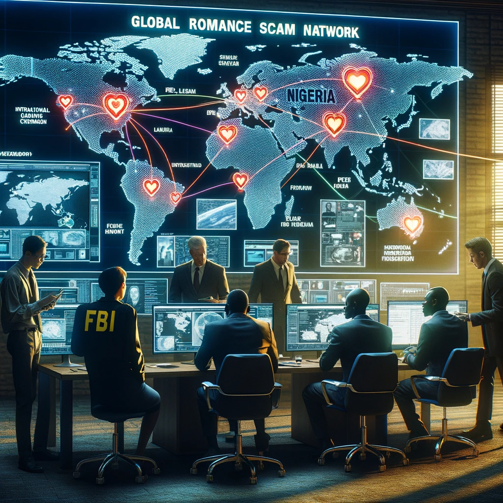 an investigative scene where FBI agents and international law enforcement are analyzing evidence related to the global romance scam network. The room features high-tech monitors and a collaborative atmosphere, highlighting the international efforts to combat cybercrime.
