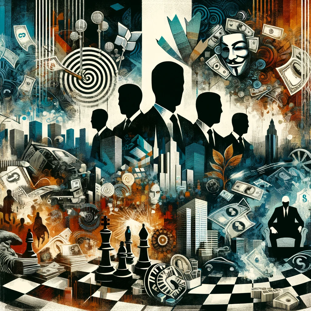 Image explores themes of manipulation, greed, and power, incorporating elements such as chess pieces and silhouettes of businessmen, drawing from movies like 'American Hustle', 'Hustlers', and 'Dirty Rotten Scoundrels'.