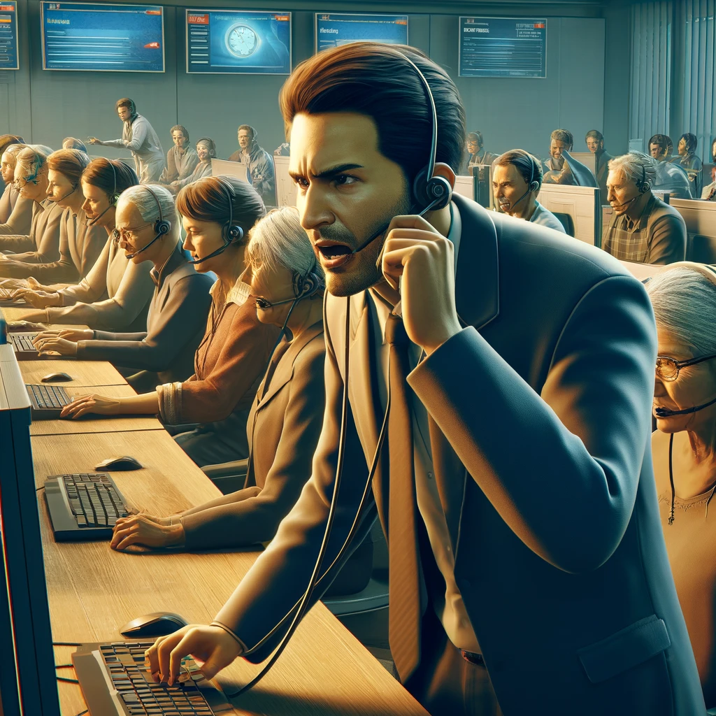 a tense scene in an Indian call center, with a central figure, an Indian scammer, speaking into his headset. The environment is filled with other employees, also of Indian descent, engaging in similar scam activities.