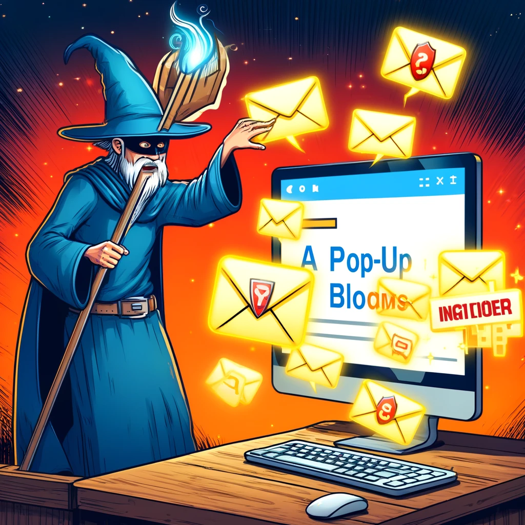 The Wizard Scammer: Illustrating a tech scammer as a wizard casting a spell over an email inbox, turning emails into malicious pop-up ads. A savvy user counters by installing a pop-up blocker, depicted as a magical shield.