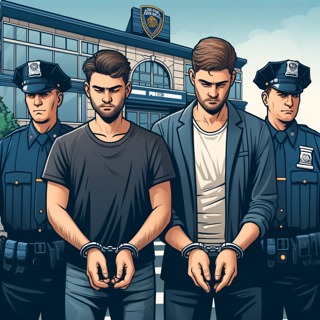 Two men in handcuffs being escorted by police officers, with the Nassau County Police Department in the background, representing the arrest of the scammers.
