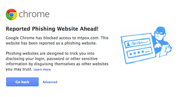 Google alerts visitors about phishing websites