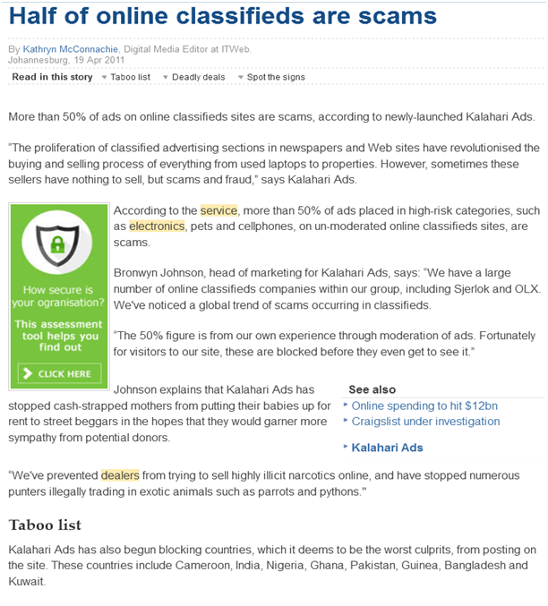 Article on Online Classified Scam