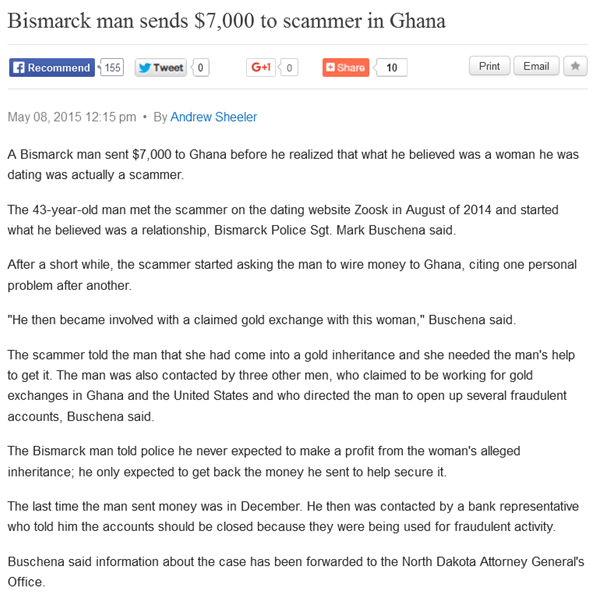 Reported romance scam case Romance scammers from Ghana