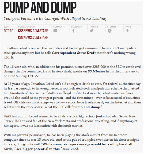 Example of pump and dump scam Example of pump and dump scam